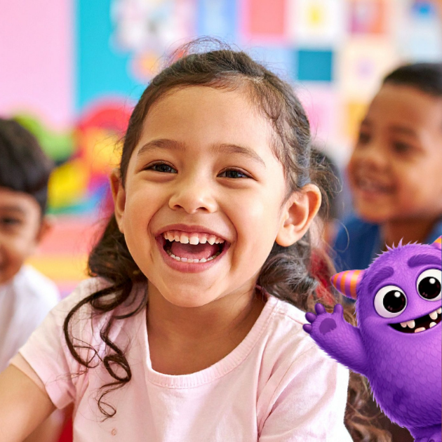 Happy child learning maths with the Awesomenicity mascot